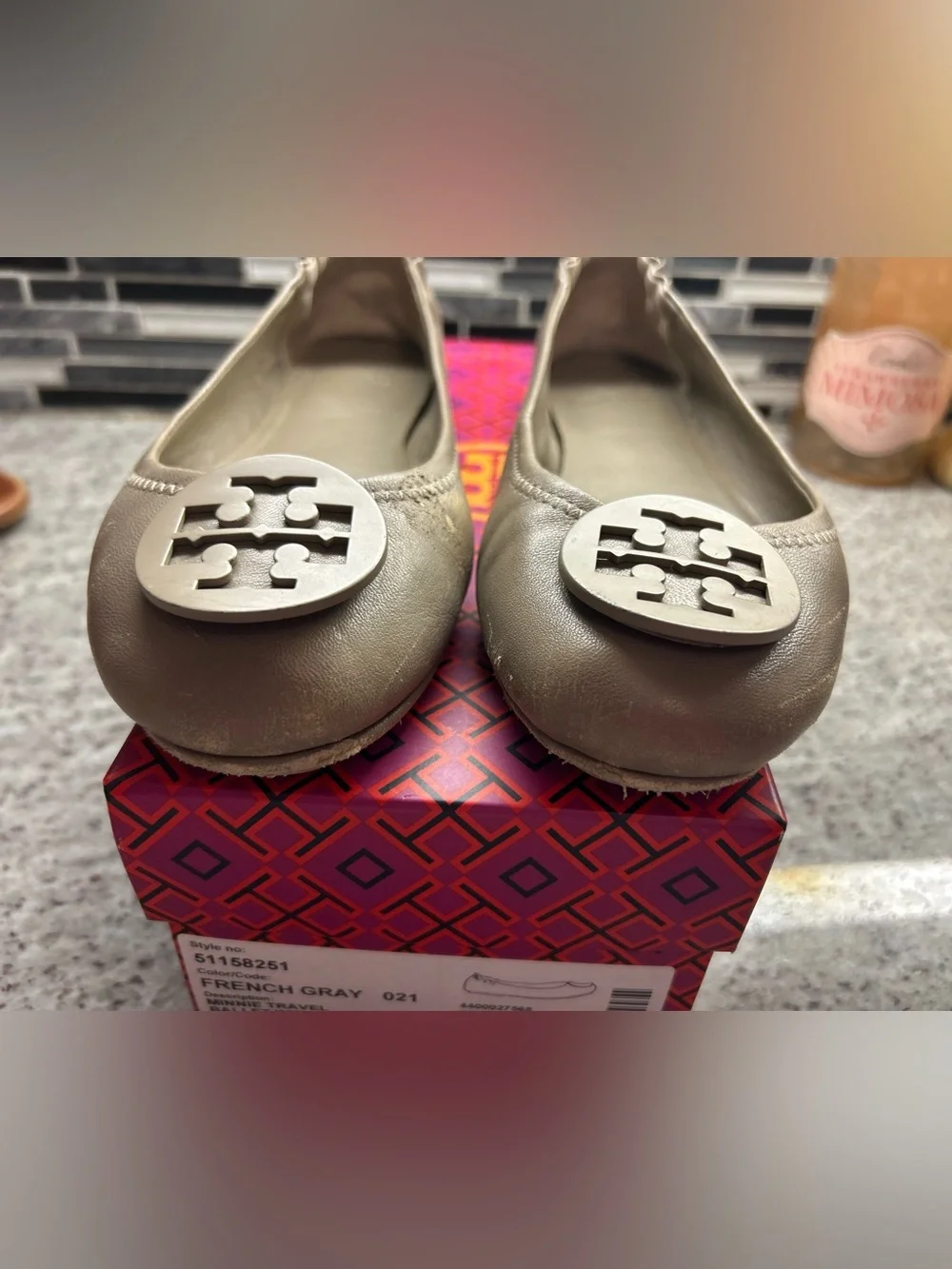Tory Burch French Gray Leather Minnie Travel Logo Ballet Flats size 8